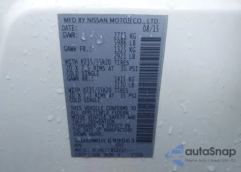 2015 Nissan Pathfinder Platinum z USA, uszkodzony, nr VIN 5N1AR2MM1FC699063